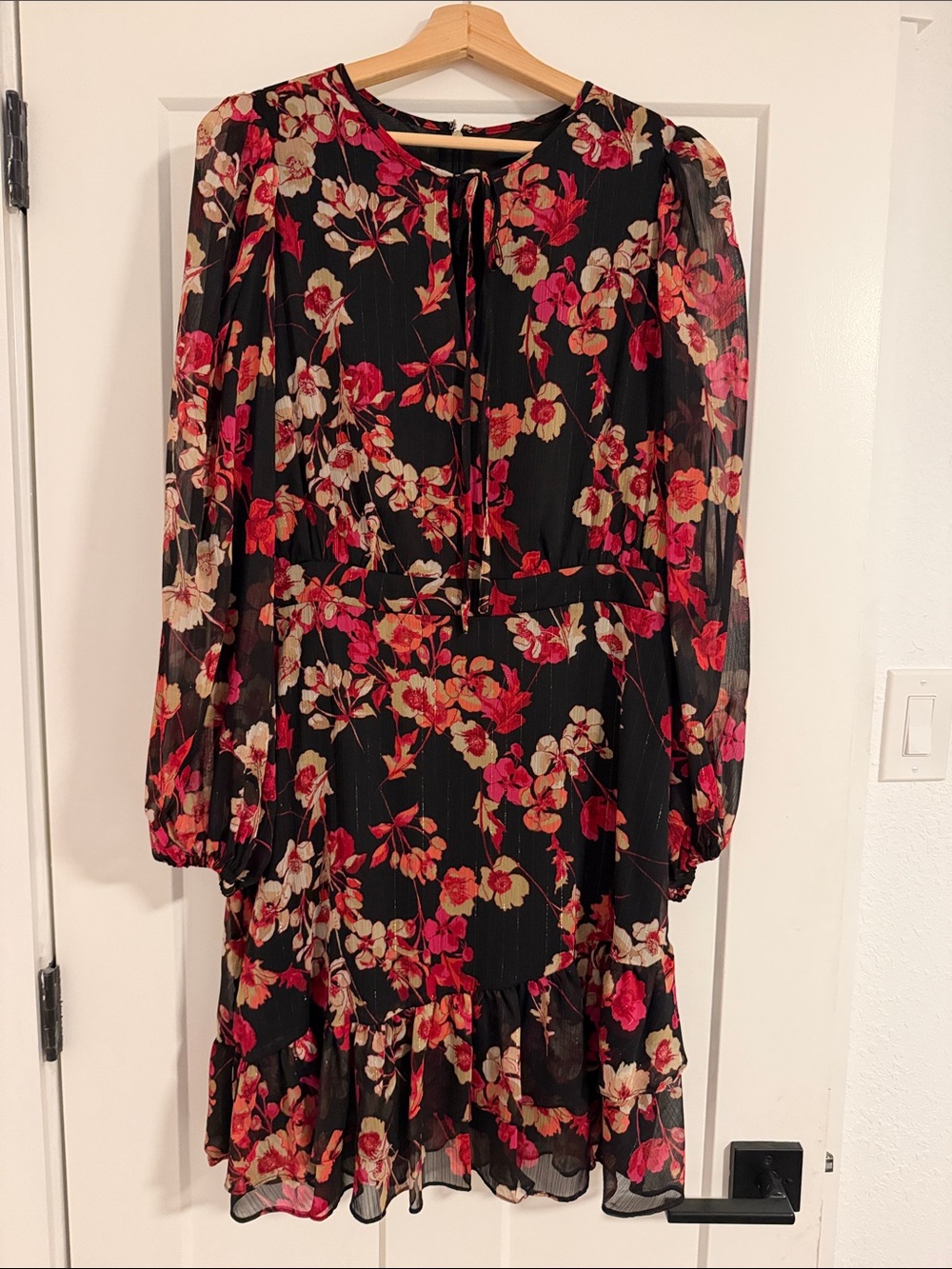 Floral Tie-Neck Long Sleeve Dress - Black with Pink & Cream Blooms